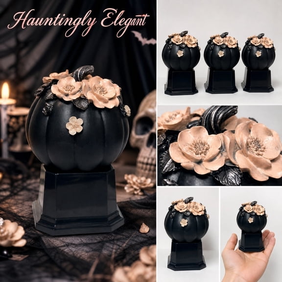 Yujia Halloween Pumpkin Carving Contest Winner Trophy, Elegant Black Resin Pumpkin Award with Floral Accents, Decorative Halloween Wedding Table Centerpiece, Premium Weighted Competition Trophy