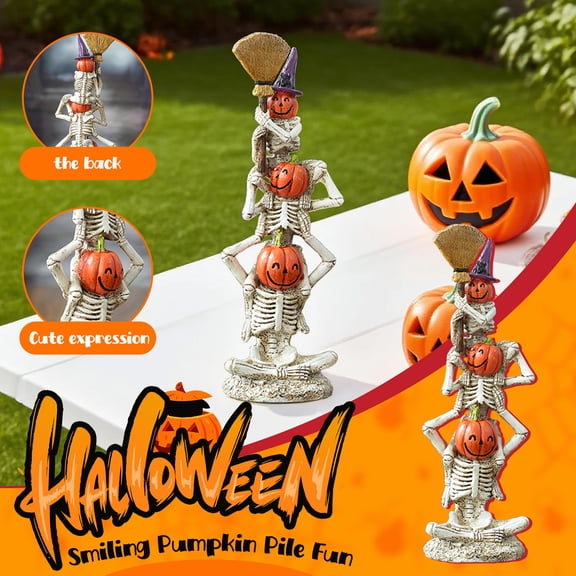 Yujia Halloween Skeleton Pumpkin Pile, Stacked Resin Statue Decor, Funny Harvest Autumn Tabletop Figurine, Decorative Human Bone Ornament for Shelf Mantel Home Display