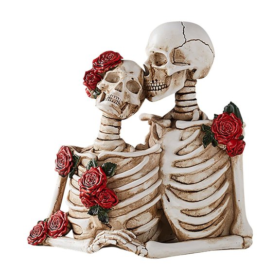 Yujia Halloween White Couple Rose Skeleton Statue, Vintage Resin Gothic Figurine, Romantic Couple Ornament for Holiday Party Tabletop and Home Decor Display
