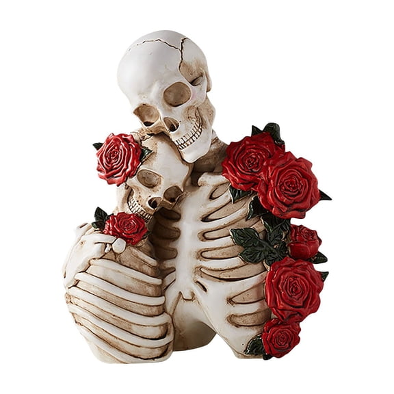 Yujia Halloween White Couple Rose Skeleton Statue, Vintage Resin Gothic Figurine, Romantic Couple Ornament for Holiday Party Tabletop and Home Decor Display