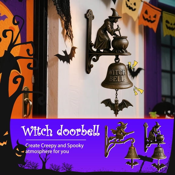 Yujia Halloween Witch Doorbell, Vintage Door Hanger Bell with Witch Decoration, Metal Gothic Porch Bell for Front Door, Garden and Yard, Retro Mysterious Home Decor Accessory, 1-Pack
