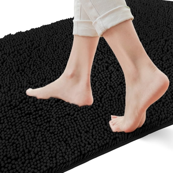 Yujoon Super Soft Chenille Bathroom Rug Non-Slip Absorbent Machine Washable Bath Mat, 24"x60", Black