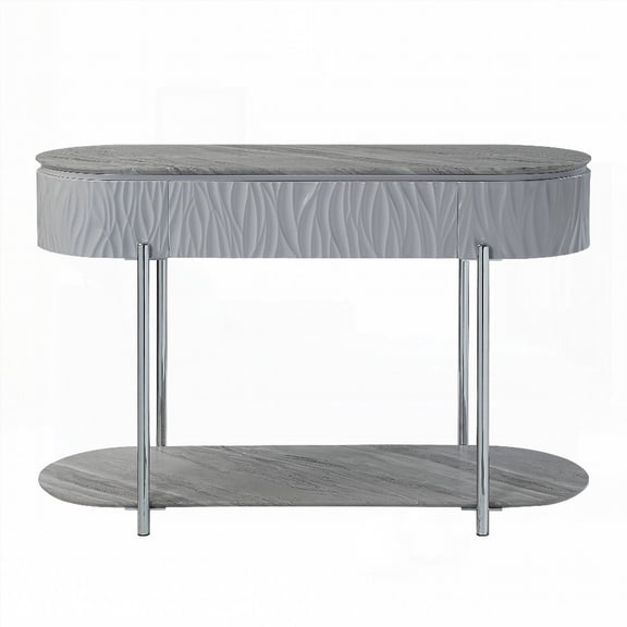 Yukino's Gray High Gloss & Chrome Finish Sofa Table, 15mm Thick Top & Storage Drawers