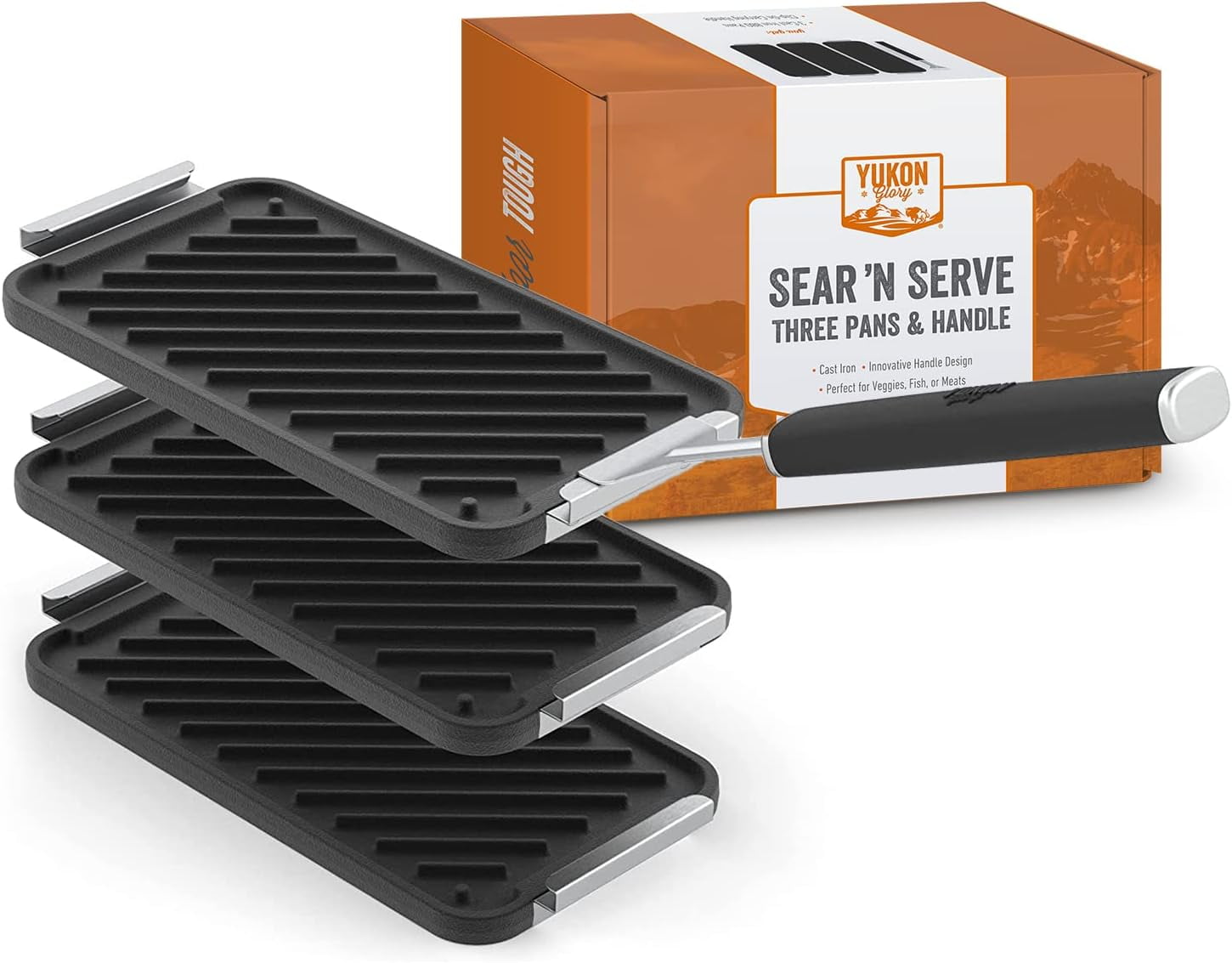 Yukon Glory 3-Pc Sear N Serve Cast Iron Grill Pan Set with Handle BBQ Grill Set