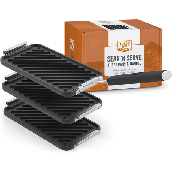 Yukon Glory 3-Pc Sear N Serve Cast Iron Grill Pan Set with Handle BBQ Grill Set