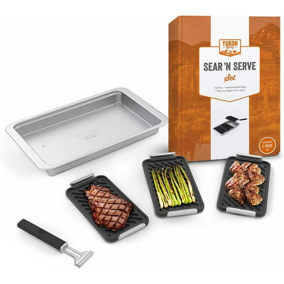 Yukon Glory 5-Pc Sear N Serve Cast Iron Grilling Set with Tray for BBQ, Fish, & Vegetable