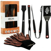 Yukon Glory 5pc Premium Grilling Tools Set with Spatula, Gloves, Tongs, Grill Brush, Meat Fork