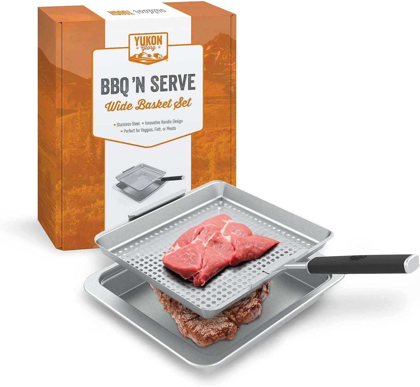 Yukon Glory BBQ 'N SERVE Stainless Steel Wide Outdoor Grill Basket Set