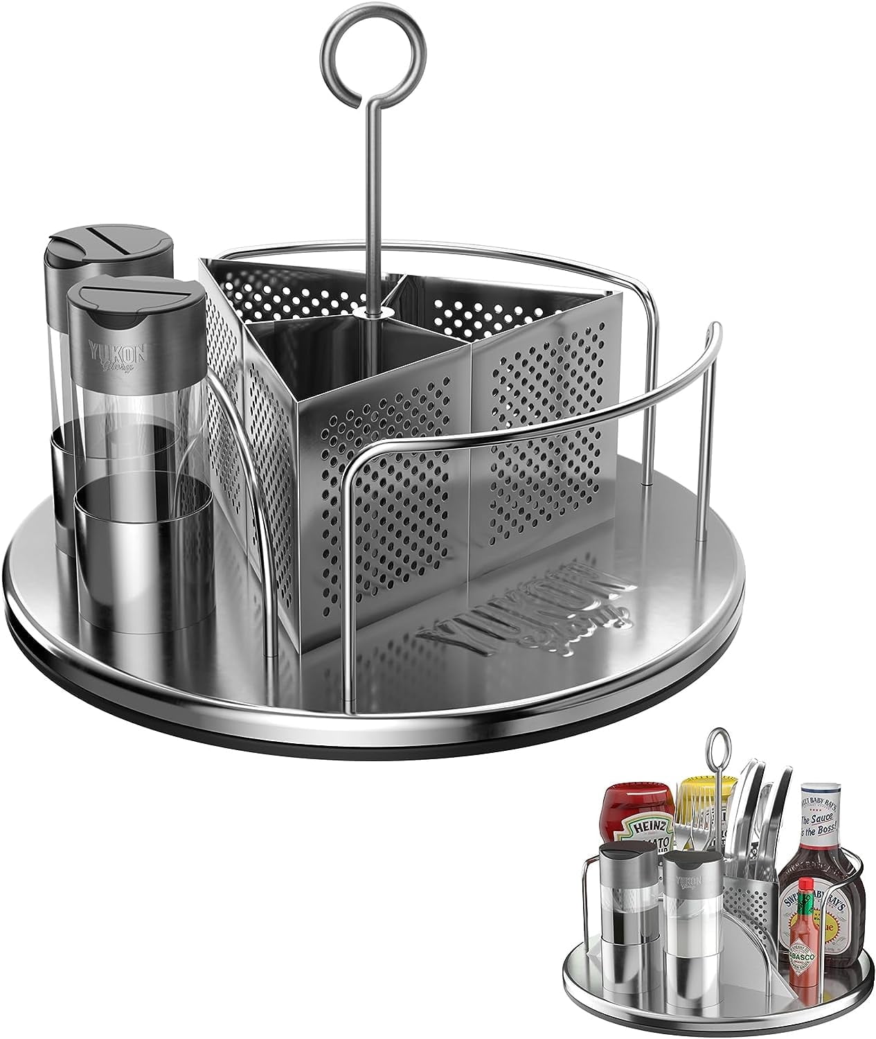Stainless Steel Rotating Condiment Caddy with Utensil Holder