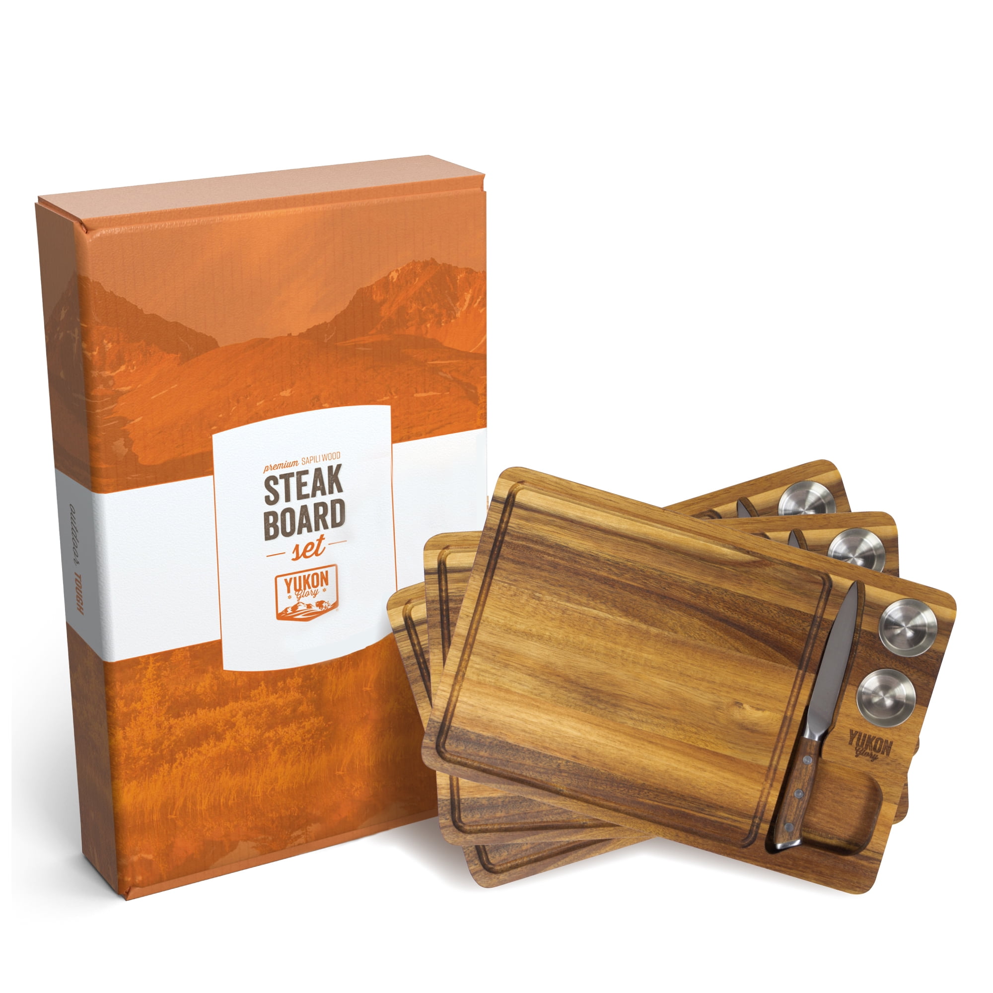 Acacia Wood Steak Board Set with Sauce Cups and Knife, 3 Pack