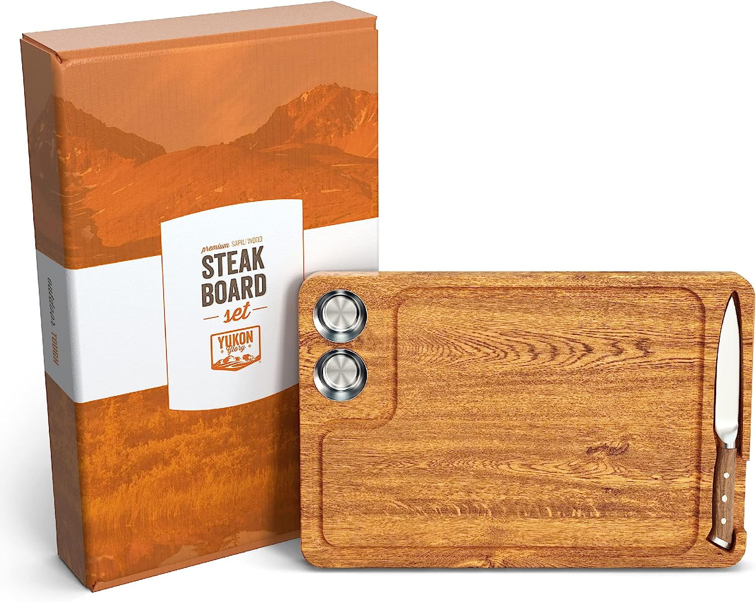 Acacia Wood Steak Board Set with Sauce Cups and Knife, 3 Pack