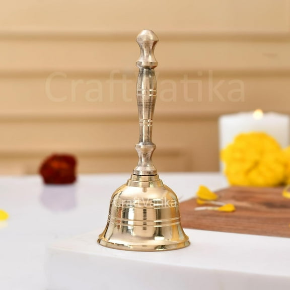 Yuktha Eternals Brass Hand Bell for Pooja Ghanti for Mandir, Home and Office Temple Prayer Bell Ghanti for Decoration (1.6 x 3.8 inches, Golden)