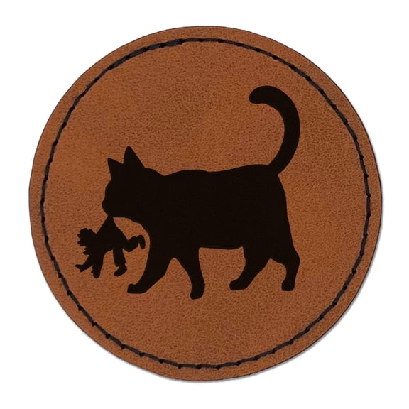 Yule Cat Taking Child Christmas 2.5" Faux Leather Round Engraved Iron-On Patch - Brown