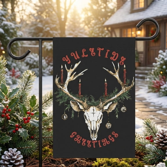 Yule Garden Flag Antler Skull Yard Decoration Winter Solstice Decor Pagan Sabbat Yuletide