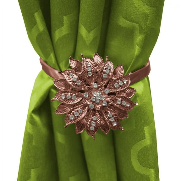 Yule Single Window Curtain Holdback Tieback, Decorative Magnetic Clip Drapery Tie Back, Elegant Bling Diamond Floral Design - Bronze