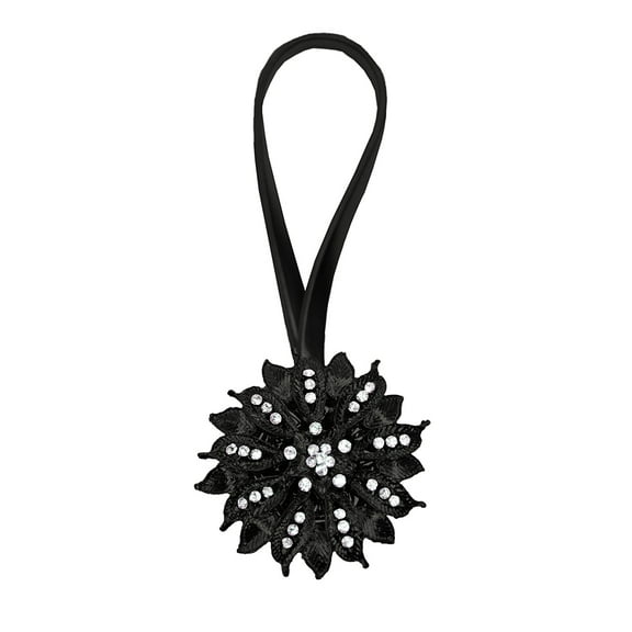 Yule Window Curtain Holdback Tieback, Decorative Magnetic Clip Drapery Tie Back, Elegant Bling Diamond Floral Design - Black, Set of 2