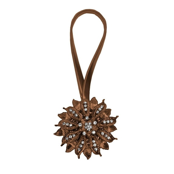 Yule Window Curtain Holdback Tieback, Decorative Magnetic Clip Drapery Tie Back, Elegant Bling Diamond Floral Design - Bronze, Set of 2