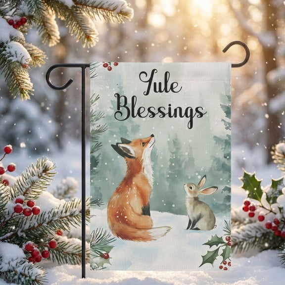 Yule Yard Flag Fox and Rabbit House Banner Winter Solstice Lawn Decoration Pagan Garden De