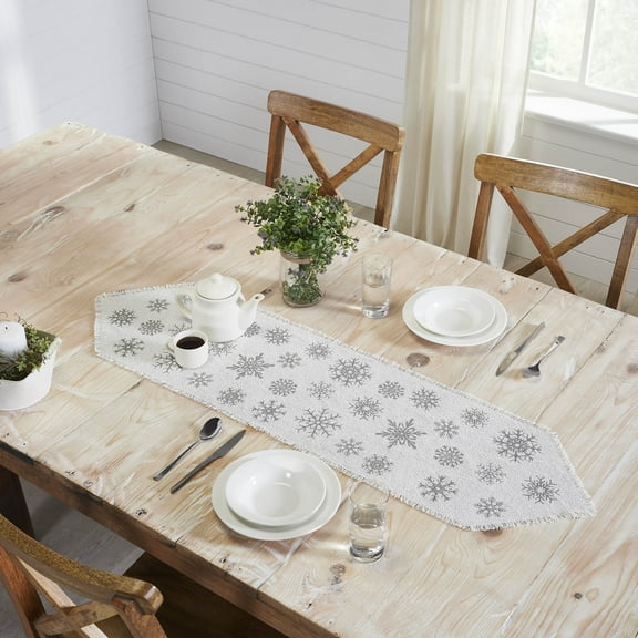 VHC Brands Yuletide Burlap Antique White Snowflake Runner 12x48