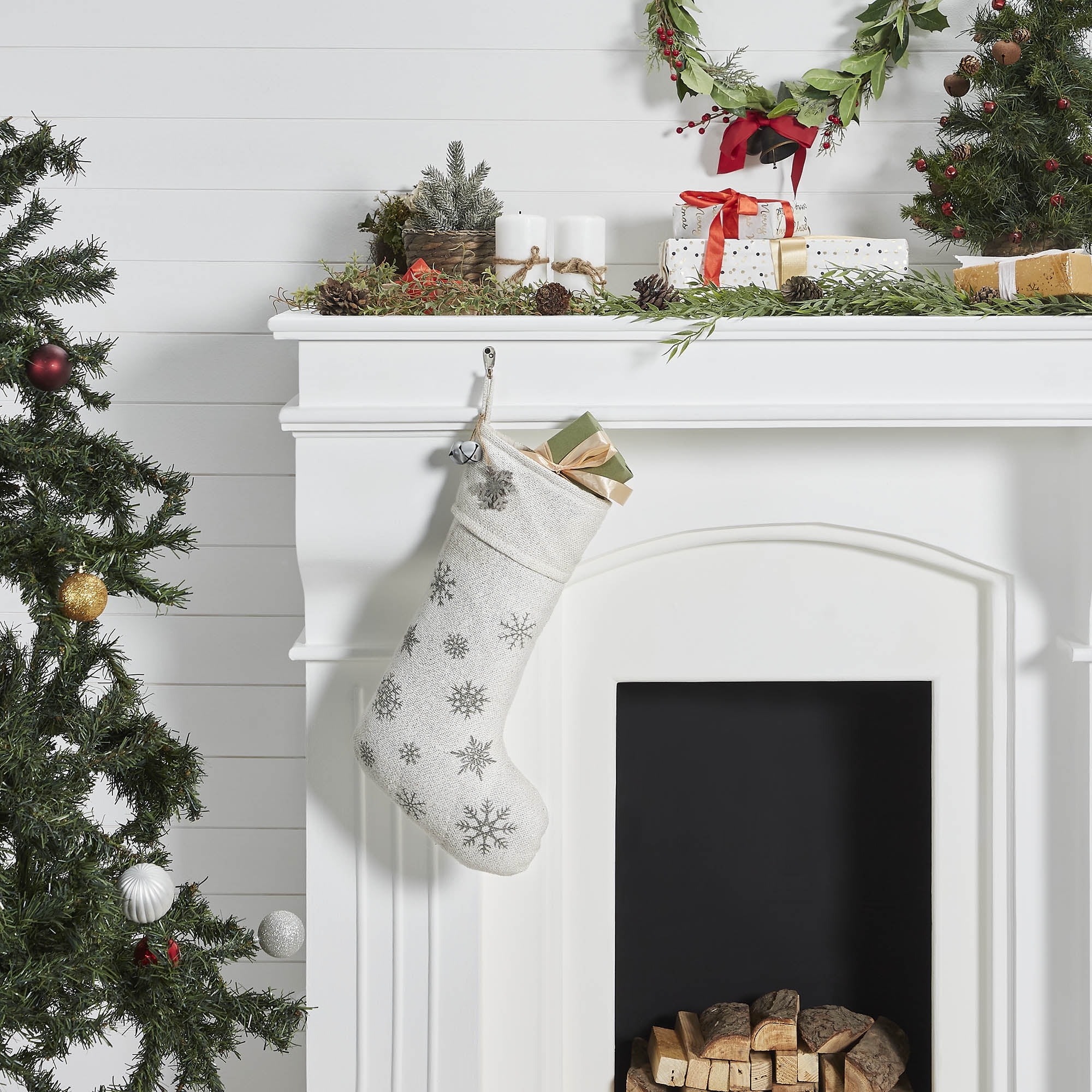 Antique White Burlap Snowflake Christmas Stocking 12x20