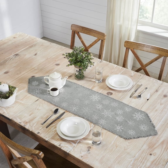 VHC Brands Yuletide Burlap Dove Grey Snowflake Runner 12x48