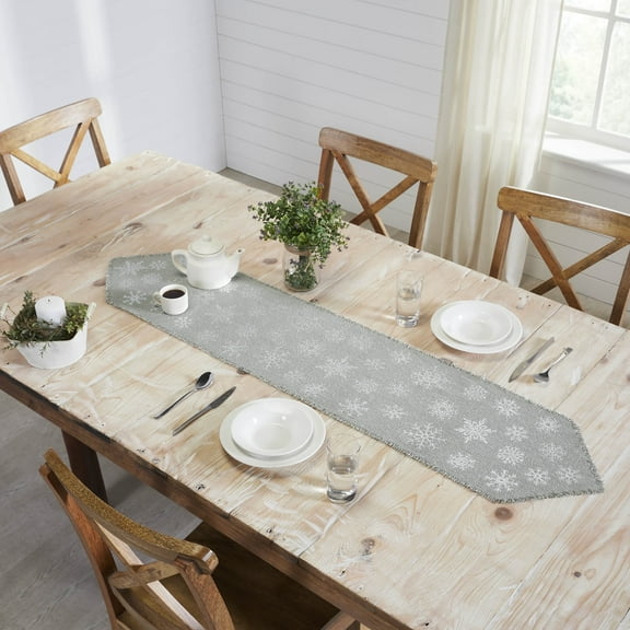 VHC Brands Yuletide Burlap Dove Grey Snowflake Runner 12x60