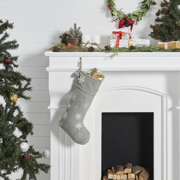 VHC Brands Yuletide Burlap Dove Grey Snowflake Stocking 12x20