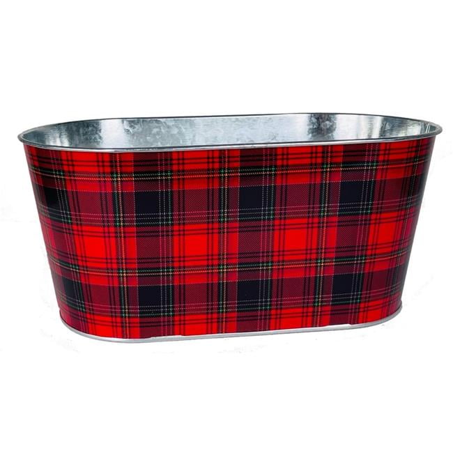Red and Black Plaid Oval Metal Planter