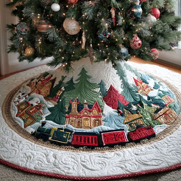 Yuletide Rail Runner Christmas Quilted Tree Skirt, Christmas Holiday Decor, 71 Inch Christmas Tree Skirt, Tree Stand Cover