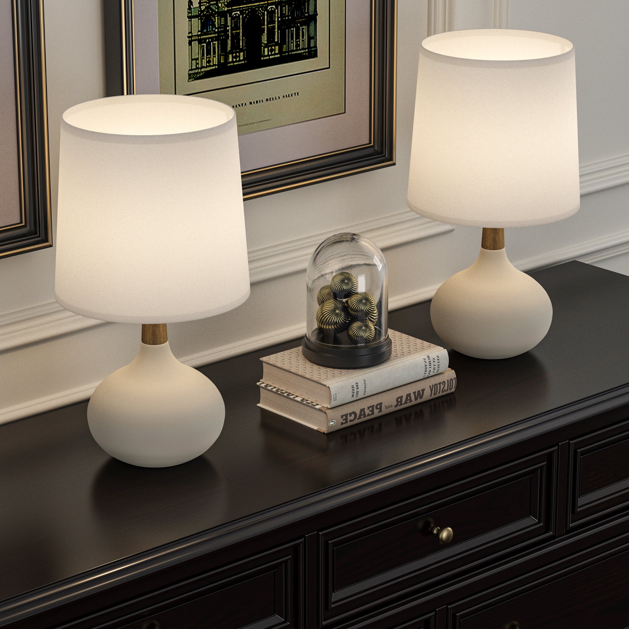 14'' White Ceramic and Wood Modern Table Lamp Set