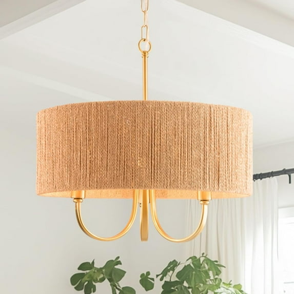 Yullili 18" Boho Chandelier, 3-Light Modern Farmhouse Chandeliers,Hand-Woven Cage Shade Pendant Light,Gold Metal Deco Strip Lamp Holders for Dining Room Bedroom Kichen Living Room Bedroom