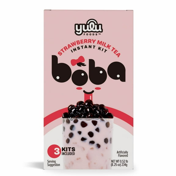Yulu Foods Instant Boba Strawberry Milk Tea, Bubble Tea Kit, 3 Drinks