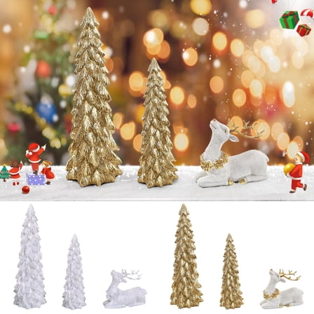 Yulucky A Deer Set 3Pcs Resin Christmas Tree and Reindeer Decoration Set 3 Piece Winter Snowflake Figurines Gold 4.5x3.9inch,Home Decor