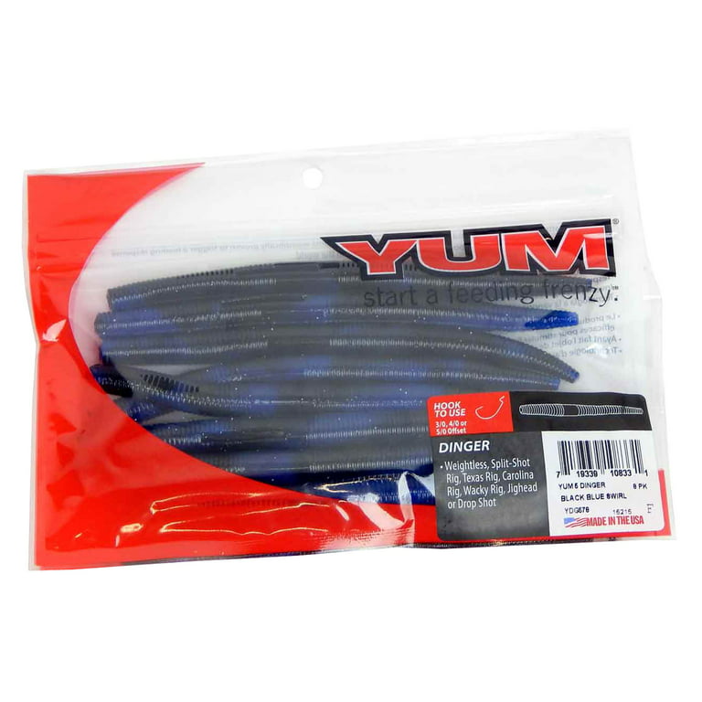 Yum 5 Dinger Soft Plastic Fishing Worm Black Blue Swirl Pack of 8, YDG578  