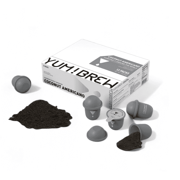 Yum!Brew Instant Coconut Americano Coffee Freeze-Dried Yunnan Arabica | 12 Servings | Smooth & Nutty Flavor | Hot or Cold Brew | No Sugar | Low Calorie | Travel-Friendly Pods