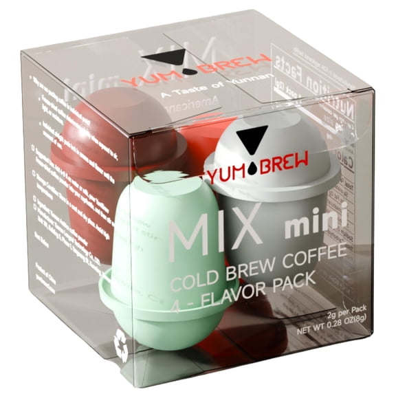 Yum!Brew Mix Mini Instant Coffee Pods – 4 Flavors | Premium Freeze-Dried Yunnan Arabica | Hot or Cold Brew | No Sugar | Travel-Friendly | Americano, Espresso, Jasmine, Coconut | 4 x 2g Pods