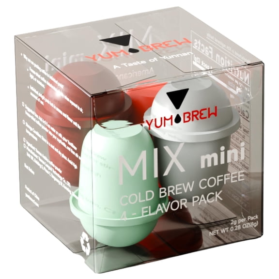 Yum!Brew Mix Mini Instant Coffee Pods – 4 Flavors | Premium Freeze-Dried Yunnan Arabica | Hot or Cold Brew | No Sugar | Travel-Friendly | Americano, Espresso, Jasmine, Coconut | 4 x 2g Pods