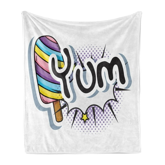 Yum Soft Flannel Fleece Throw Blanket, Pop Art Style Typography Colorful Ice Cream Stick Fun Culture Childish Illustration, Cozy Plush for Indoor and Outdoor Use, 60" x 80", Multicolor, by Ambesonne