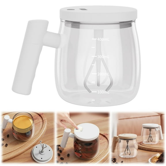 Yum Time Electric Glass Automatic Stirring Cup, White A,Pot Mug | Glass Mug In Coffees Pot Shape | Rechargeable Coffeepot Mugs With A Type Travel Lid For Teas Hot,1 Pc Blender
