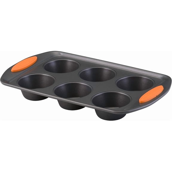 Yum-o! Nonstick Bakeware Oven Lovin' Cups Muffin Pan 6-Cup, Gray with Orange Handles
