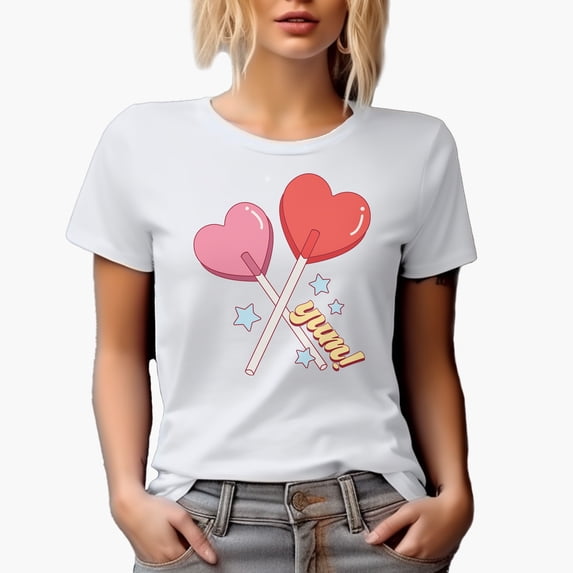 Yum with Two Heart Lollipops, Retro Valentines Day Art Merch Gift, White T-Shirt, 2XL