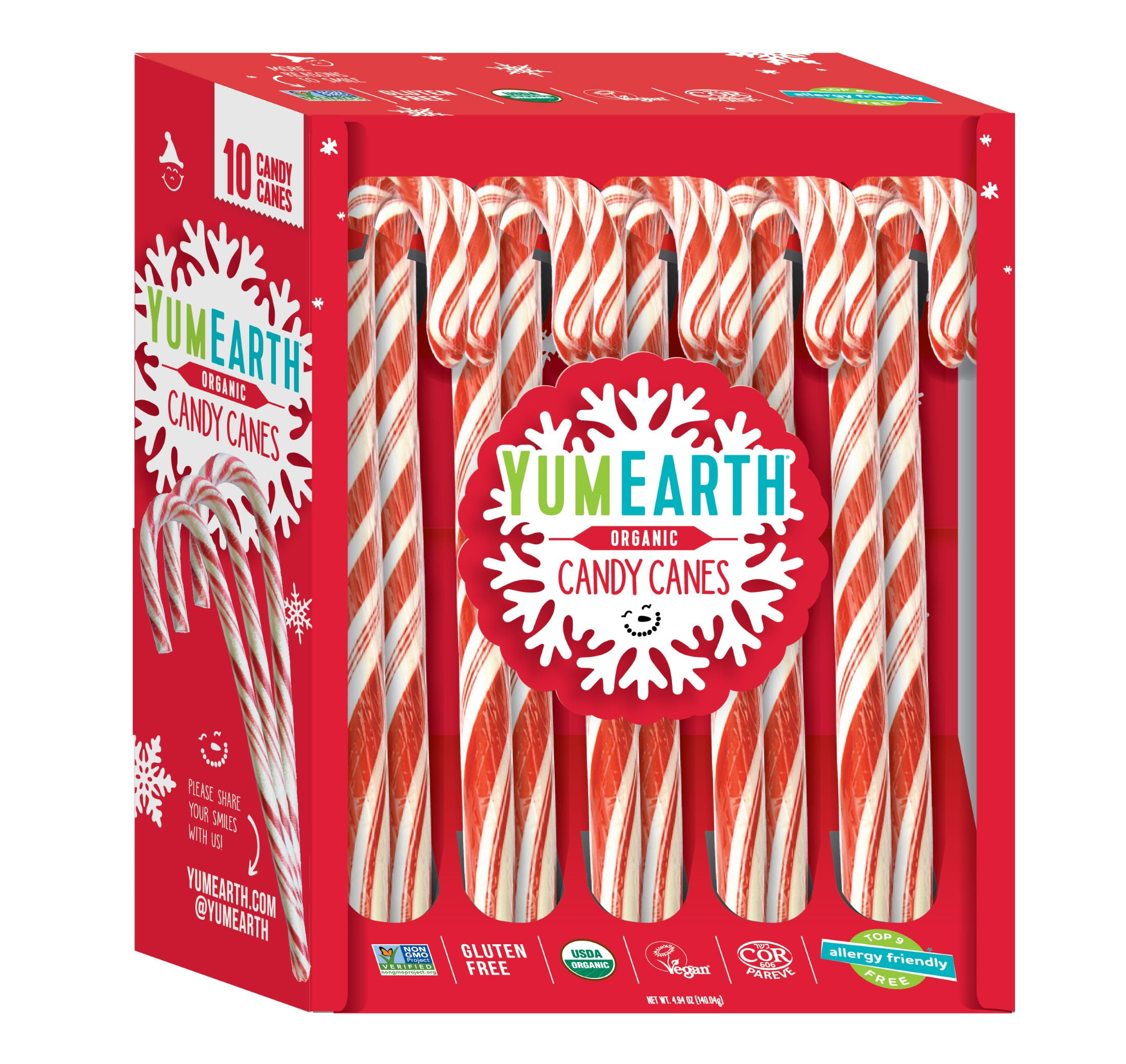 YumEarth Organic Candy Cane, Peppermint, Gluten Free, Shelf-Stable, 10 Count Box