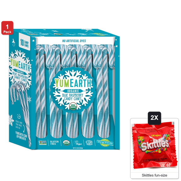 YumEarth Candy Canes, Individually Wrapped Full Size Blue Raspberry Candy Canes, 1 Pack with 10 Pieces, with 2 Skittles Fun Size
