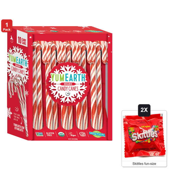 YumEarth Candy Canes, Individually Wrapped Full Size Peppermint Candy Canes, 1 Pack with 10 Pieces, with 2 Skittles Fun Size
