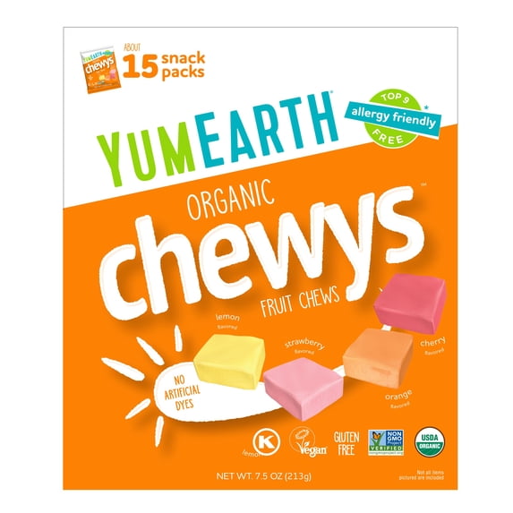 YumEarth Organic Chewys Fruit Flavored Candy Chews - Allergy Friendly, Gluten Free, Non-GMO, Vegan, No Artificial Dyes - Assorted Flavo