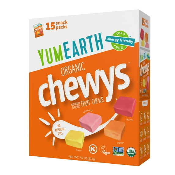 YumEarth Organic Chewys Fruit YPF5 Flavored Candy Chews - Allergy Friendly, Gluten Free, Non-GMO, Vegan, No Artificial Flavors or Dyes - Assorted Flavors, 7.5 oz.