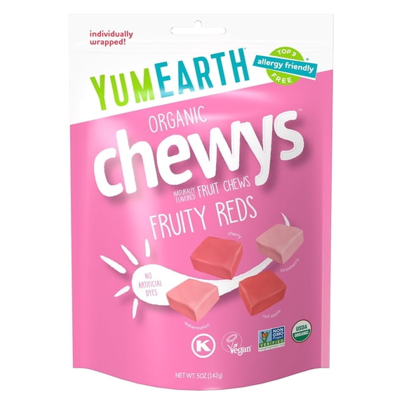 YumEarth Organic Chewys Fruity Reds, 5oz Non GMO, Gluten Free, Vegan, Dye Free Candy - Allergen Friendly