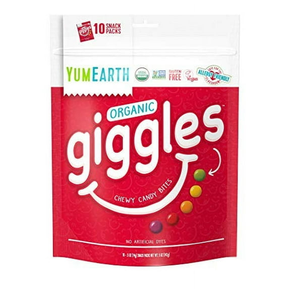 YumEarth Organic Fruit Flavored Giggles Chewy Candy Bites, 10- 0.5 oz. Snack Packs, Allergy Friendly, Gluten Free, Non-GMO, Vegan, No Artificial Flavors or Dyes