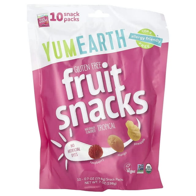 YumEarth, Organic Fruit Snacks, Tropical, 10 Packs, 0.7 oz Pack of 4