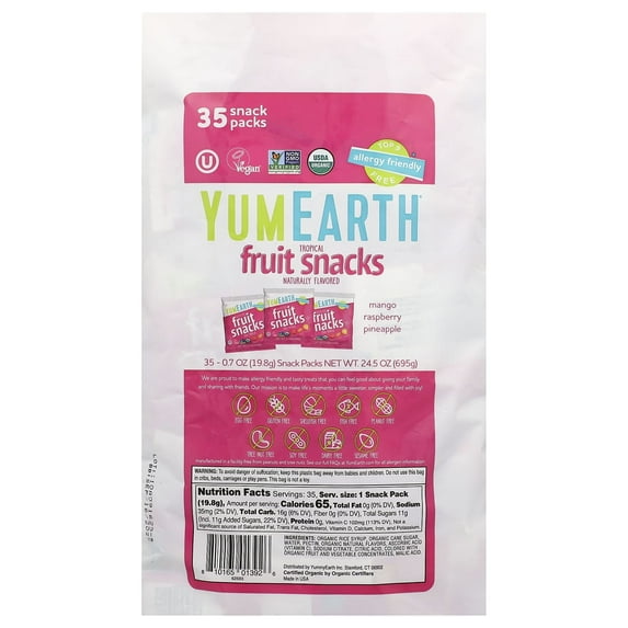 YumEarth, Organic Fruit Snacks, Tropical, 35 Snack Packs, 0.7 oz (19.8 g) Each Pack of 4